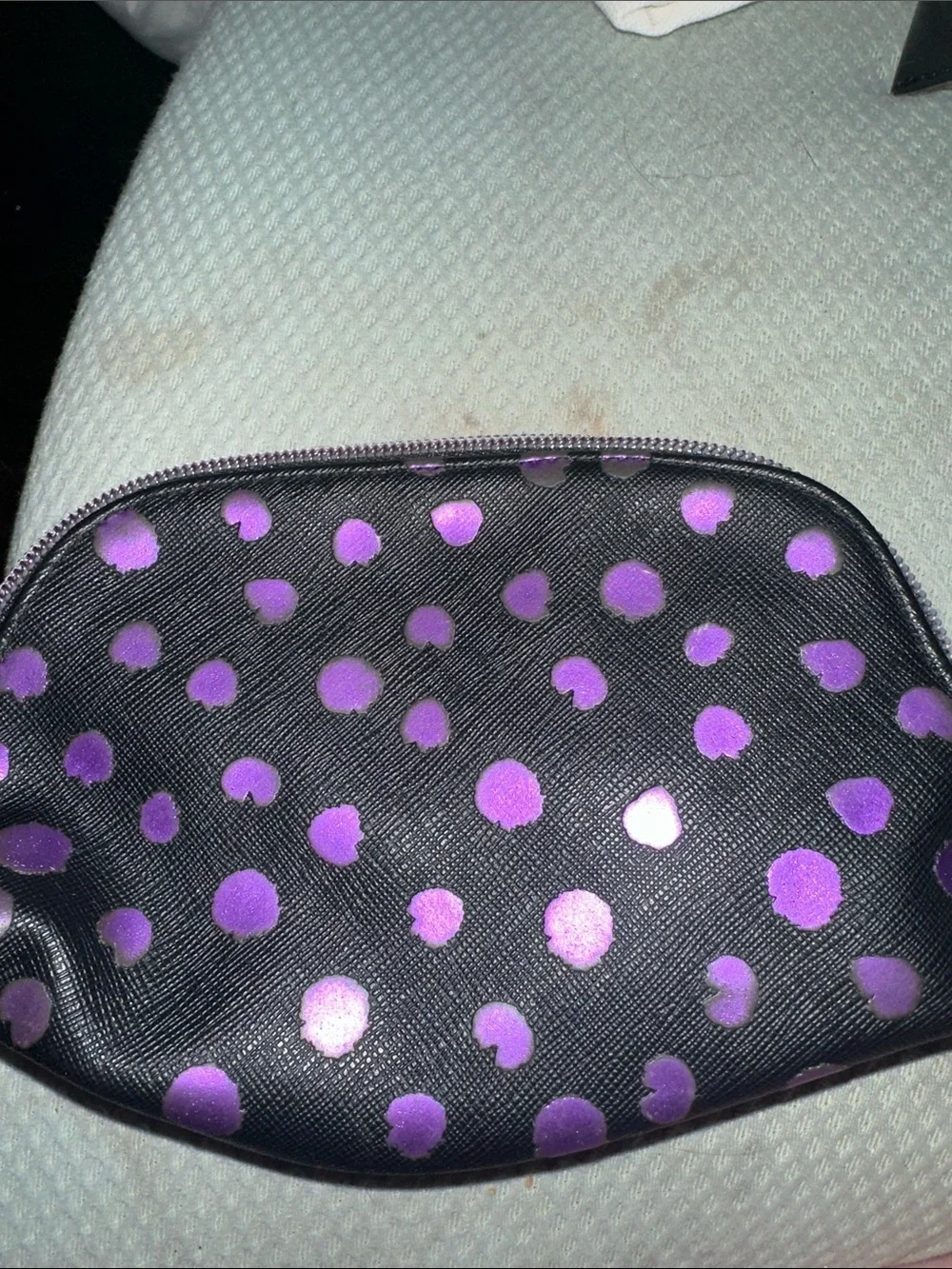 Victoria's Secret Black Cosmetic Bag with Purple Script & Dots like new